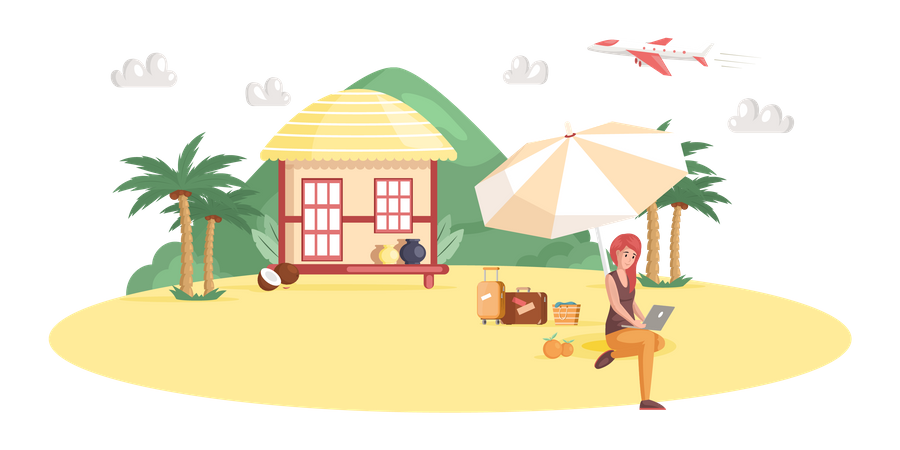 Frau ruht sich aus und arbeitet mit Laptop am Strand  Illustration