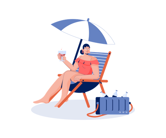 Frau ruht sich im Sommer mit kaltem Getränk am Strand aus  Illustration