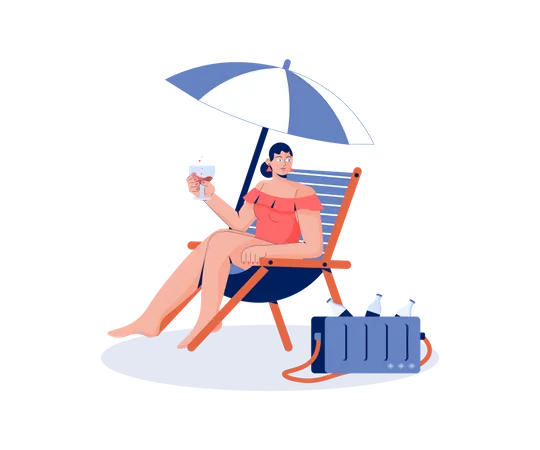 Frau ruht sich im Sommer mit kaltem Getränk am Strand aus  Illustration