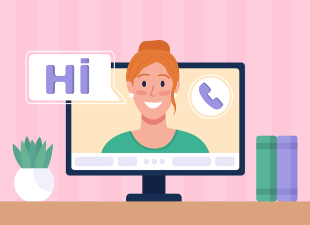Frau sagt „Hallo“ bei einem Online-Videoanruf  Illustration