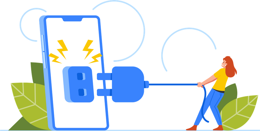 Frau schaltet riesiges Telefon aus und muss eine Internetpause einlegen  Illustration