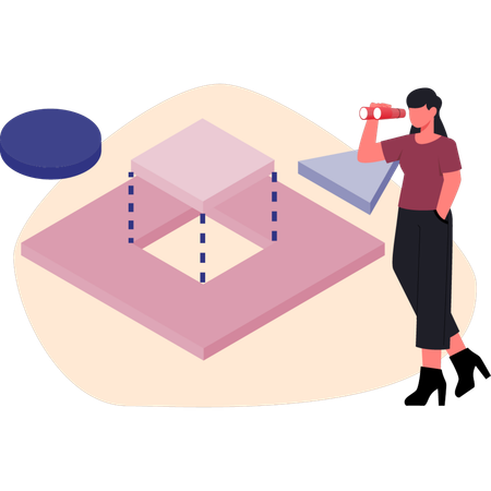 Frau sucht mit Teleskop beim Drucken  Illustration