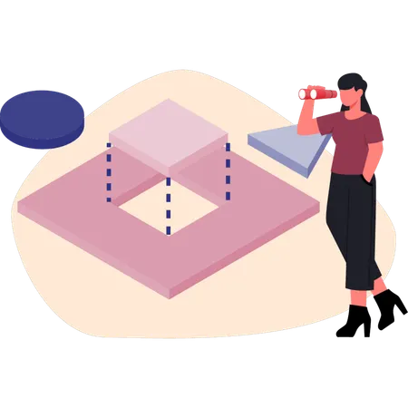 Frau sucht mit Teleskop beim Drucken  Illustration