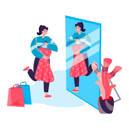 Frau schaut Kleid im Spiegel an  Illustration