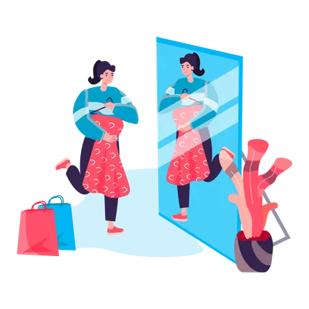 Frau schaut Kleid im Spiegel an  Illustration