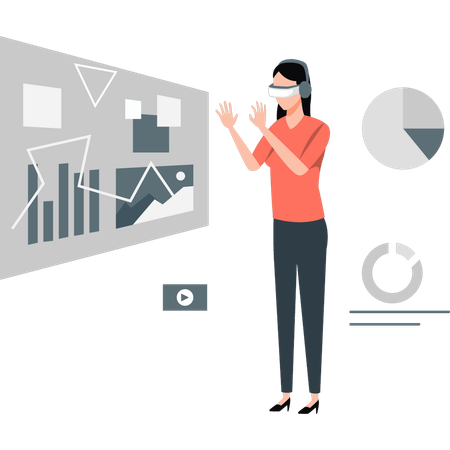 Frau schaut sich Geschäftsdiagramm mit VR-Brille an  Illustration