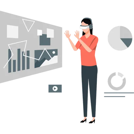 Frau schaut sich Geschäftsdiagramm mit VR-Brille an  Illustration