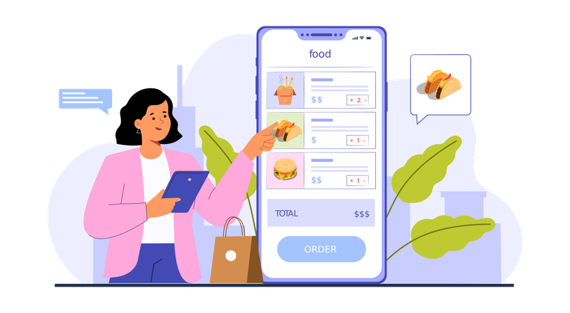Frau schaut sich die Speisekarte an, während sie die Essensbestellung mithilfe einer Essens-App abrechnet  Illustration