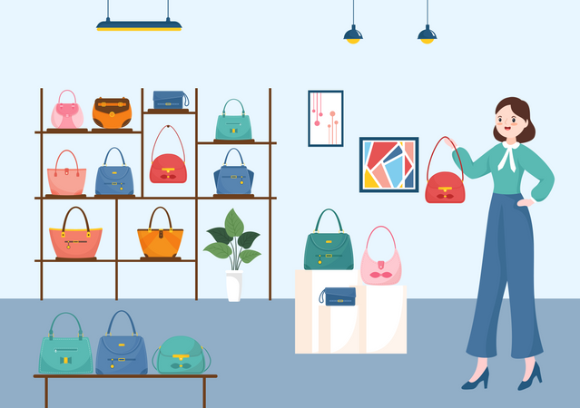 Frau schaut sich Handtasche im Geschäft an  Illustration