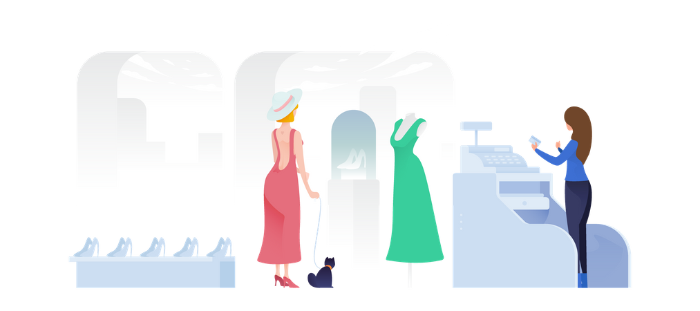 Frau schaut sich im Geschäft ein Kleid und Schuhe an  Illustration
