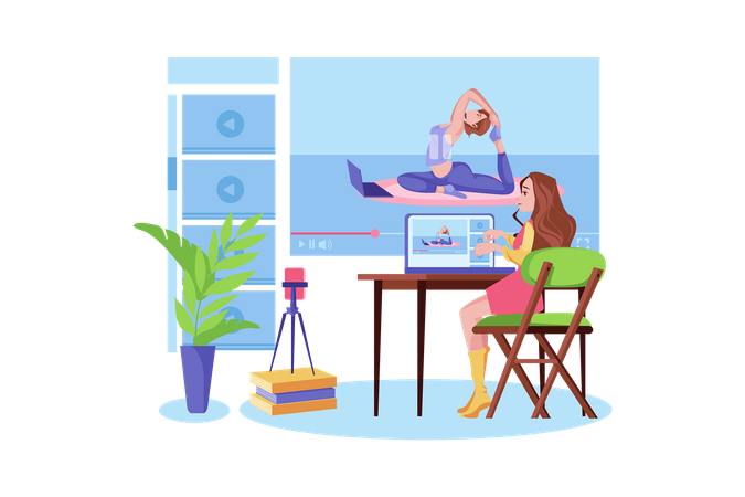 Frau sieht sich Online-Yoga-Lernvideo an  Illustration