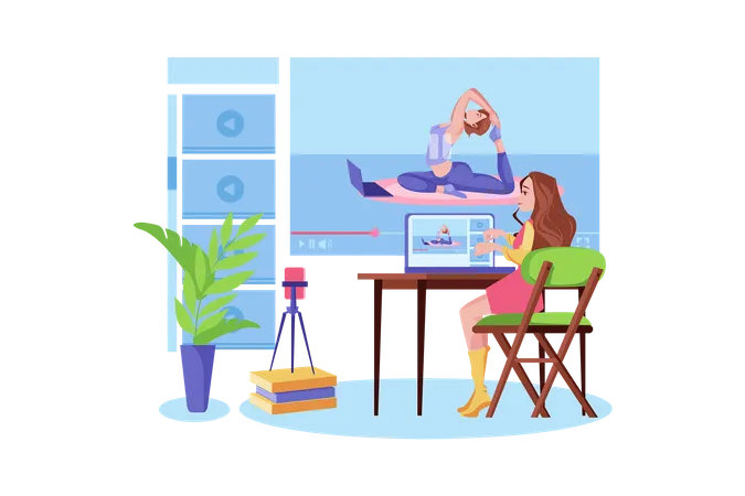 Frau sieht sich Online-Yoga-Lernvideo an  Illustration