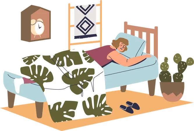 Frau schläft bequem unter Decke im Bett mit Komfortmatratze  Illustration