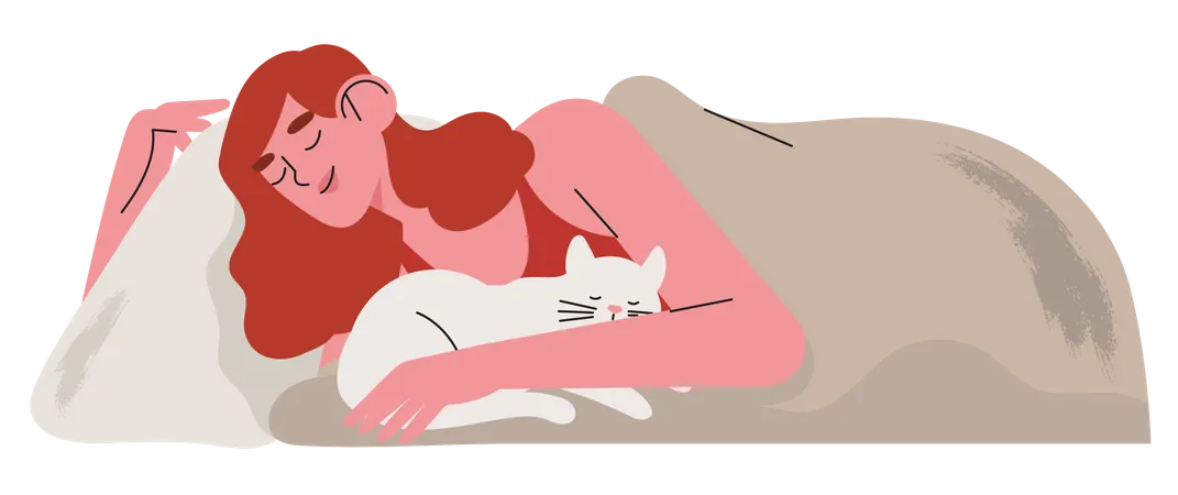 Frau schläft mit Katze in ihrem Bett  Illustration