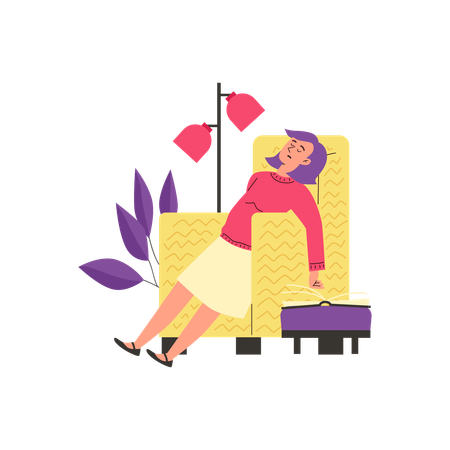 Frau schlief beim Lesen eines Buches im Sessel ein  Illustration