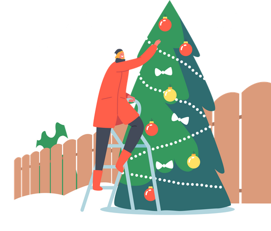 Frau schmückt Weihnachtsbaum im Haushof  Illustration