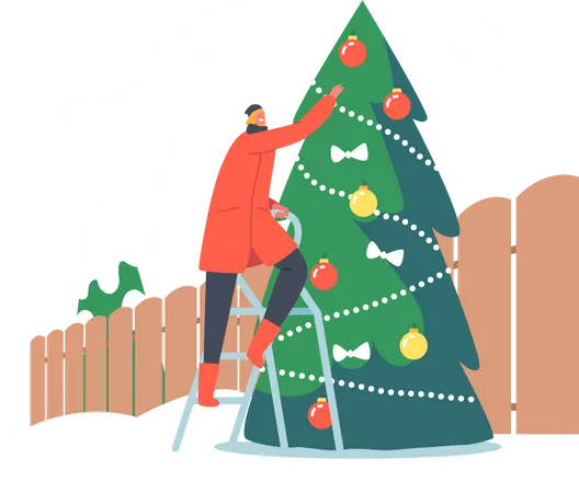 Frau schmückt Weihnachtsbaum im Haushof  Illustration