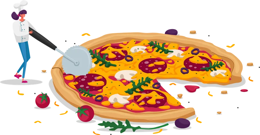 Frau schneidet Pizza in Stücke  Illustration