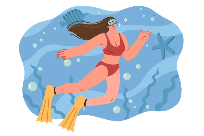 Frau schwimmt unter Wasser zwischen Fischen und Meerespflanzen  Illustration