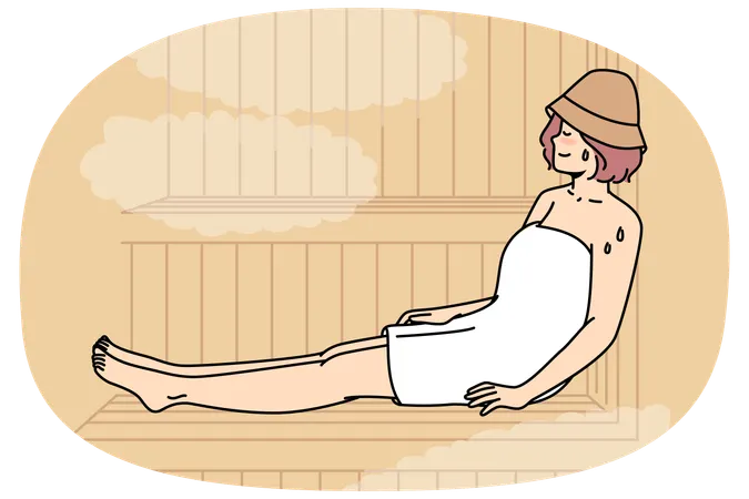 Frau schwitzt auf Bank in Sauna  Illustration