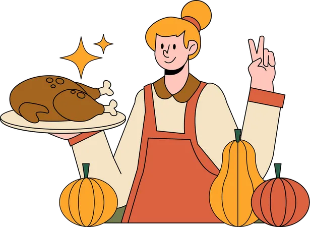Frau serviert Thanksgiving-Hühnchen  Illustration