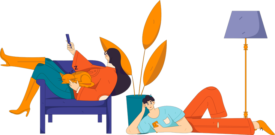 Frau sieht fern, während Mann aufs Handy schaut  Illustration