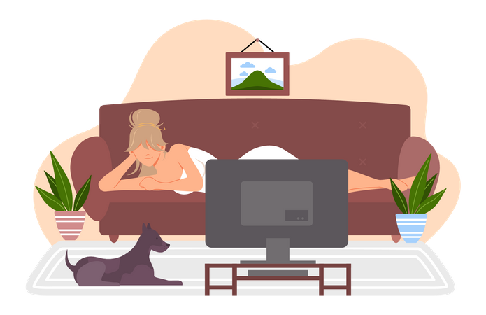 Frau vor dem Fernseher im Wohnzimmer  Illustration