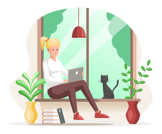 Frau sitzt am Fenster und arbeitet am Laptop  Illustration