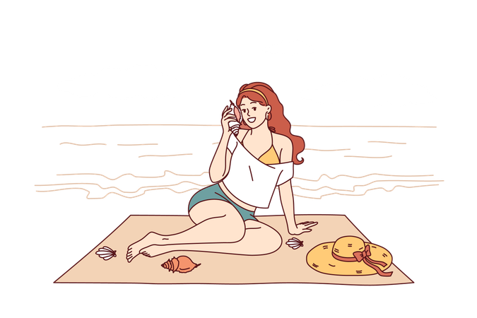 Frau sitzt am Strand und lauscht dem Meeresrauschen aus der Muschel und genießt den Sommerurlaub im tropischen Resort  Illustration