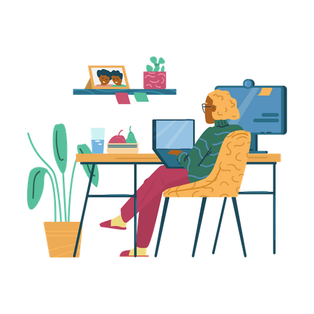 Frau sitzt am Tisch und arbeitet am Laptop  Illustration