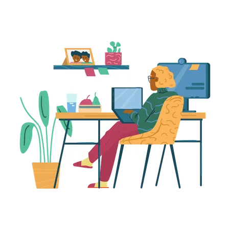 Frau sitzt am Tisch und arbeitet am Laptop  Illustration