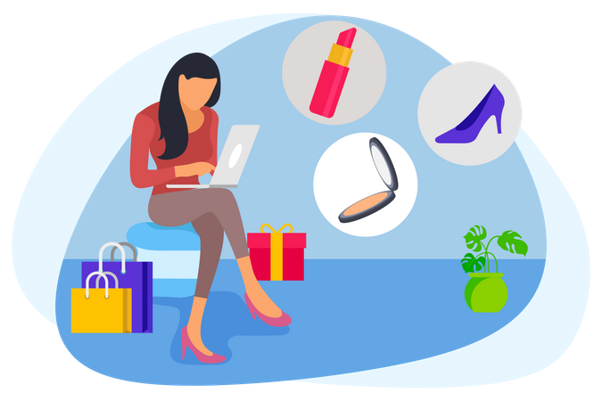 Frau sitzt am Tisch und macht Online-Shopping  Illustration