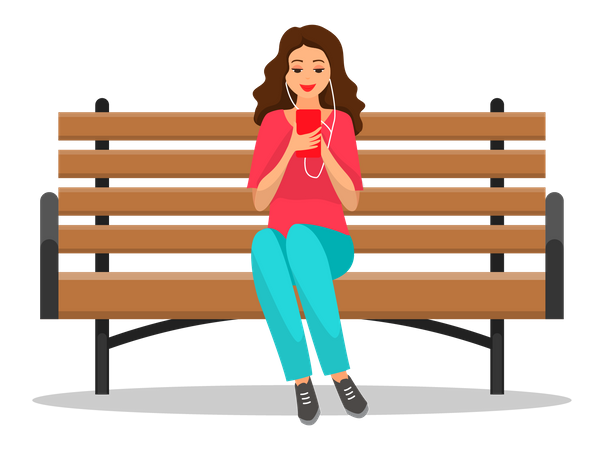Frau sitzt auf Bank und hört Musik  Illustration