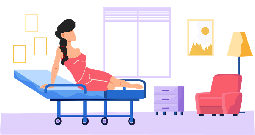 Frau sitzt auf dem Bett im Krankenhauszimmer  Illustration