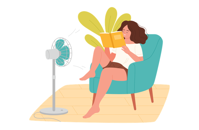 Frau sitzt auf dem Sofa vor einem Ventilator und liest ein Buch  Illustration