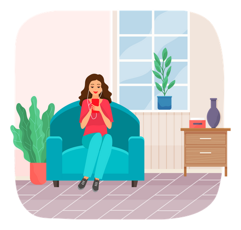Frau sitzt auf der Couch und hört Musik  Illustration
