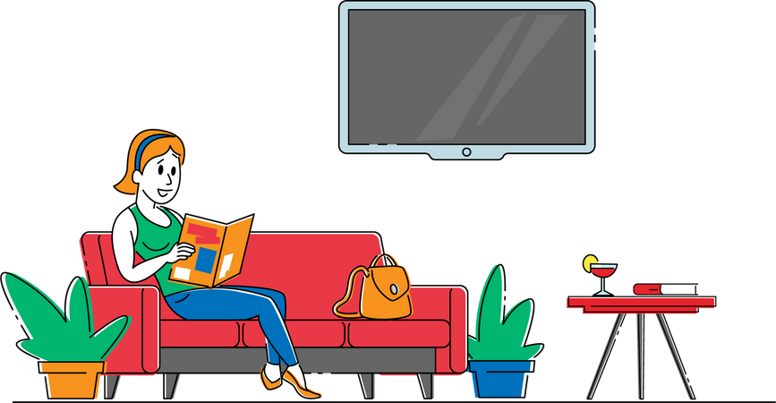 Frau sitzt auf der Couch und liest Zeitschrift  Illustration