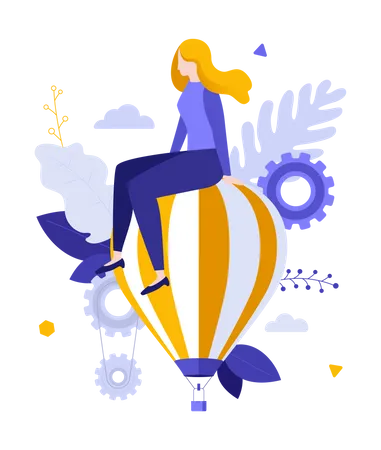 Frau sitzt auf dem Gipfel eines fliegenden Heißluftballons  Illustration