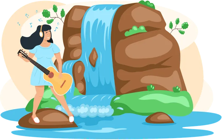 Frau sitzt auf einem großen Stein und spielt Gitarre neben einem Wasserfall  Illustration