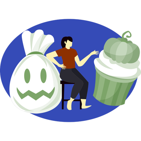 Frau sitzt auf einem Stuhl und zeigt auf weiße Geisterbonbons  Illustration