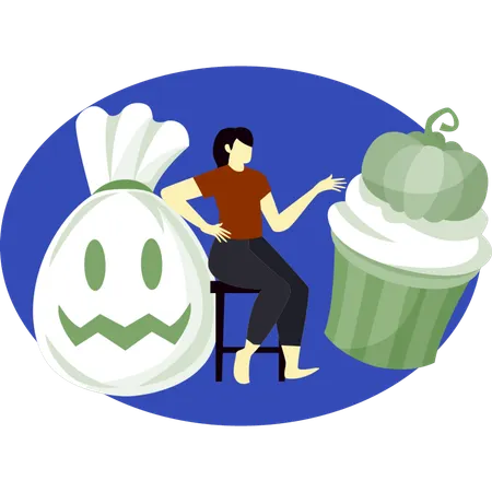 Frau sitzt auf einem Stuhl und zeigt auf weiße Geisterbonbons  Illustration