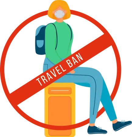 Frau sitzt auf Gepäck im Flughafen für verbotenen Tourismus  Illustration