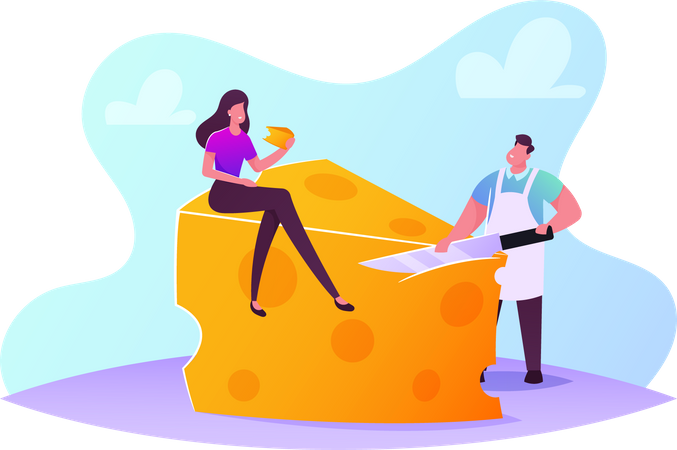 Frau sitzt auf Käse und Verkäufer Käse schneiden  Illustration