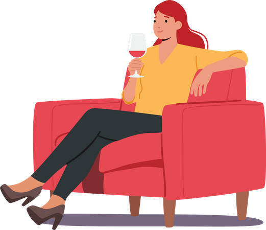 Frau sitzt auf Sessel und hält ein Weinglas in der Hand  Illustration