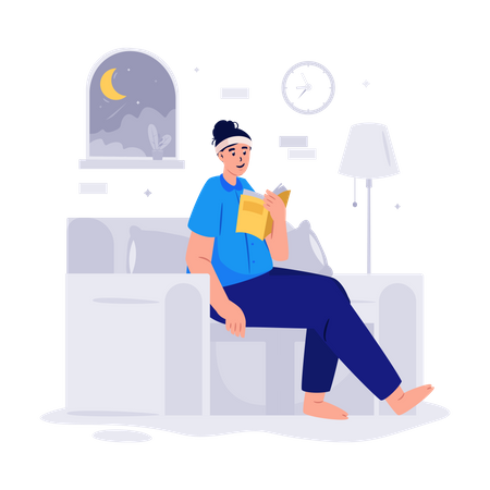 Frau sitzt auf Sessel und liest Buch  Illustration