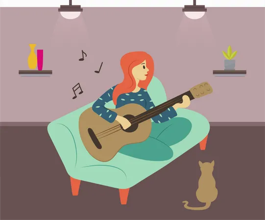 Frau sitzt auf Sofa und spielt Gitarre  Illustration