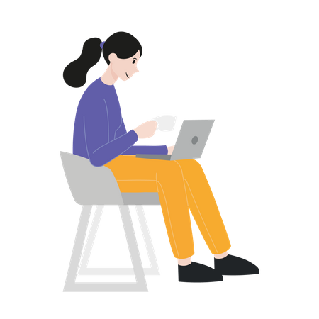 Frau sitzt auf Stuhl und benutzt Laptop  Illustration