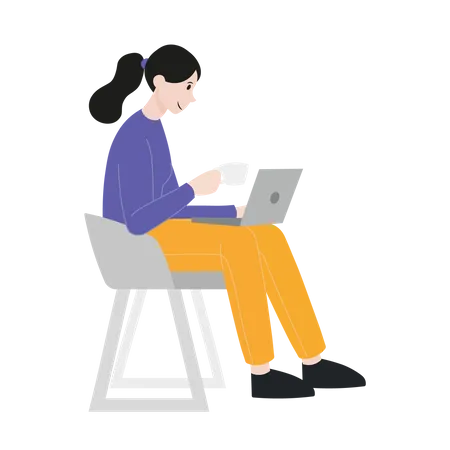 Frau sitzt auf Stuhl und benutzt Laptop  Illustration