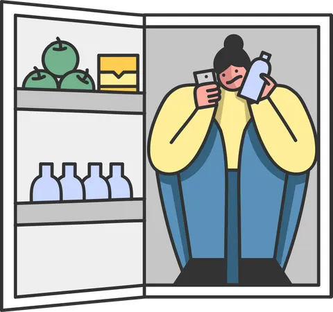 Frau sitzt wegen heißer Sommertemperaturen im Kühlschrank  Illustration