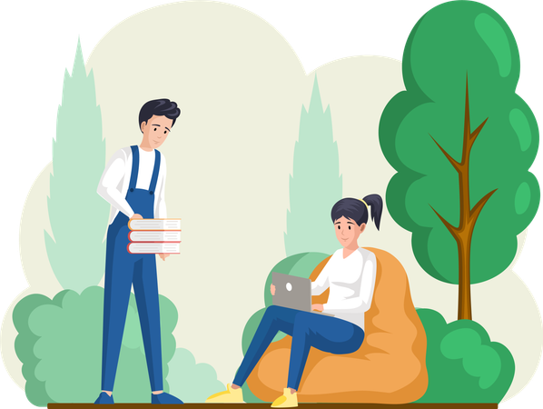 Frau sitzt im Park und arbeitet mit Laptop  Illustration